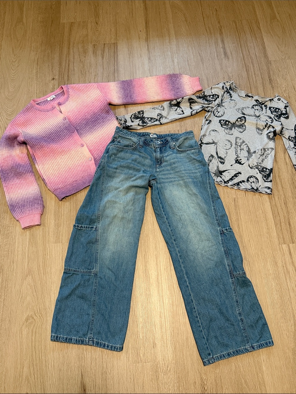 Wide Leg Jeans Butterfly Long Sleeve Top & Sweater